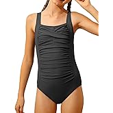 ZEMOQ Girl Swimsuit One Piece Solid Color Bathing Suit for Girls Ruched Adjustable Straps Padded Swimwear 11-16Y