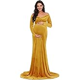 ZIUMUDY Velvet Maternity Off Shoulder Fitted Photography Gown Long Sleeve Maxi Photo Shoot Baby Shower Dress