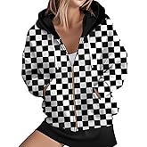ADDARTS Women's Zip Front Plaid Sweatshirts Print Hoodie Fall Jackets Long Sleeve Casual Drawstring Clothes