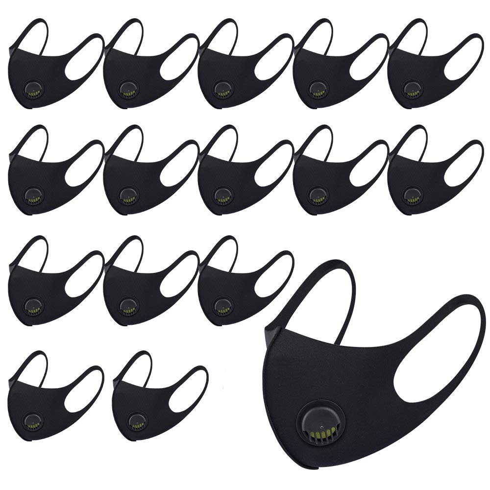 NUÜR 16pcs Fabric Breathable Face Mask, with Air Valve and Ear Loops, Reusable, Soft, Washable, Durable for Everyday Public Use, Black