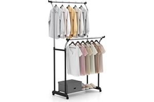 Giantex Double Rod Clothing Rack, Portable Garment Clothes Rack with Adjustable Height & Wheels, Heavy-Duty Metal Rolling War