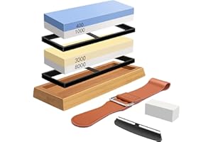 FYRA Sharpening Stone Whetstone Set 4 Side Grit 400/1000 3000/8000, Professional Whetstone Knife Sharpener, Knife Sharpening Stone Kit with Bamboo Base, Flatting Stone, Angle Guide & Leather Strop