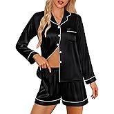 SWOMOG Womens 2 PCS / 3 PCS Pajamas Set Silk Satin Long Sleeve Sleepwear Button Down Loungewear Pjs Nightwear