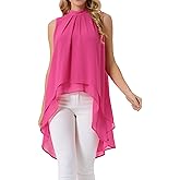 Seta T Women's High Low Tops Mock Neck Chiffon Blouse Tie Back Asymmetrical Sleeveless Shirt Casual Summer Top