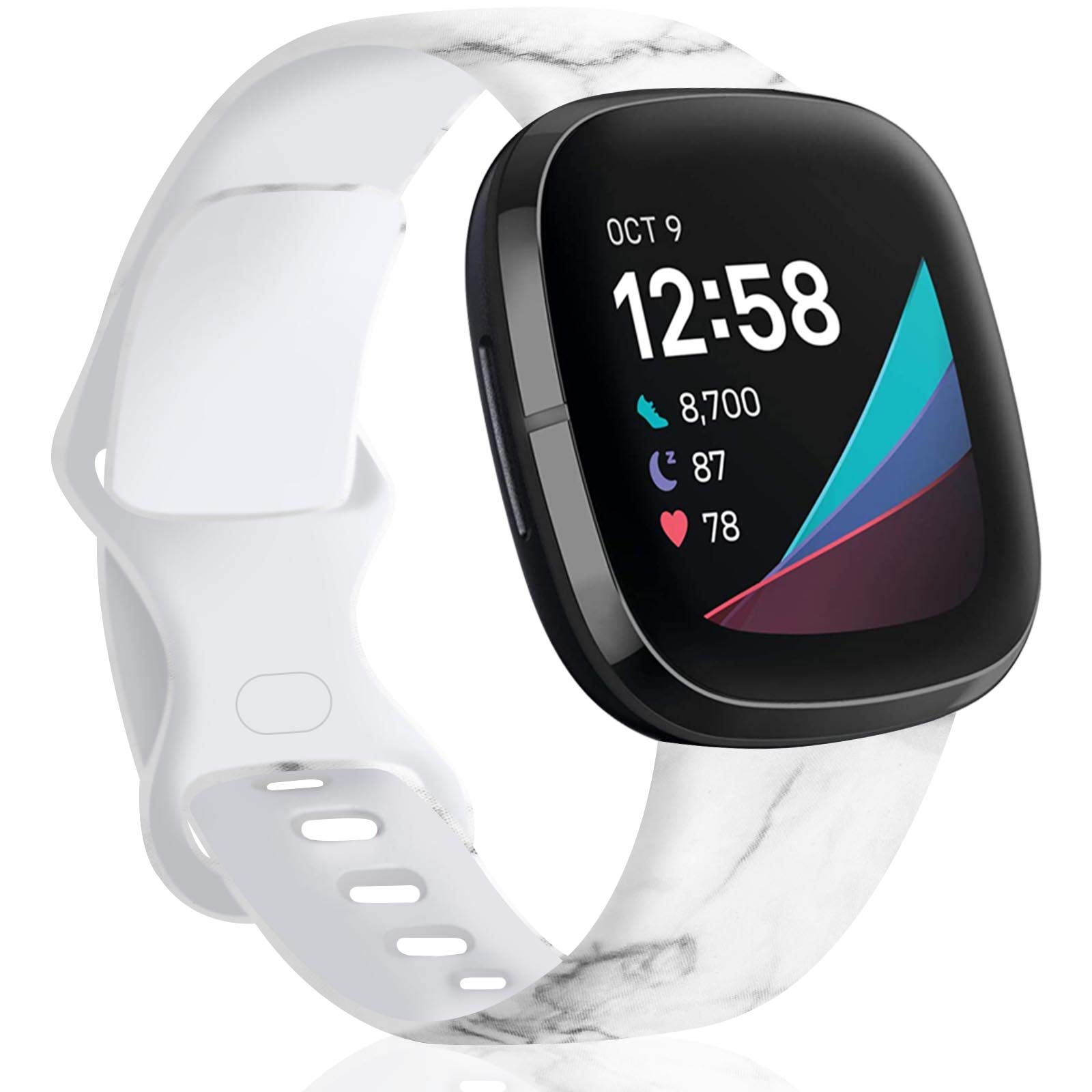 TopPerfekt Strap Compatible with Fitbit Versa 3/Sense Strap, Soft Silicone Pattern Printed Strap Replacement bands for Women Men Small Large (L: for 7.2" - 8.8" wrists, Marble)