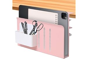 MILEGI Pink Desk Side Storage, Under Desk Laptop Holder Vertical, Hanging Desk Organizer No Drill, Under Desk Cable Management Tray with Pen Holder, Side Desk Organizer Clamp Shelf for Office Home