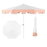 JONATHAN Y UMB1000C Baiona 9 ft. Classic MidCentury Market Patio Umbrella with UV Protection, Auto-Tilt, Crank and Wind Vent in White/Coral Pink