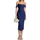 KUTUMAI Off Shoulder Corset Formal Wedding Guest Dresses for Women Elegant Bodycon Ruched Cocktail Party Midi Dress