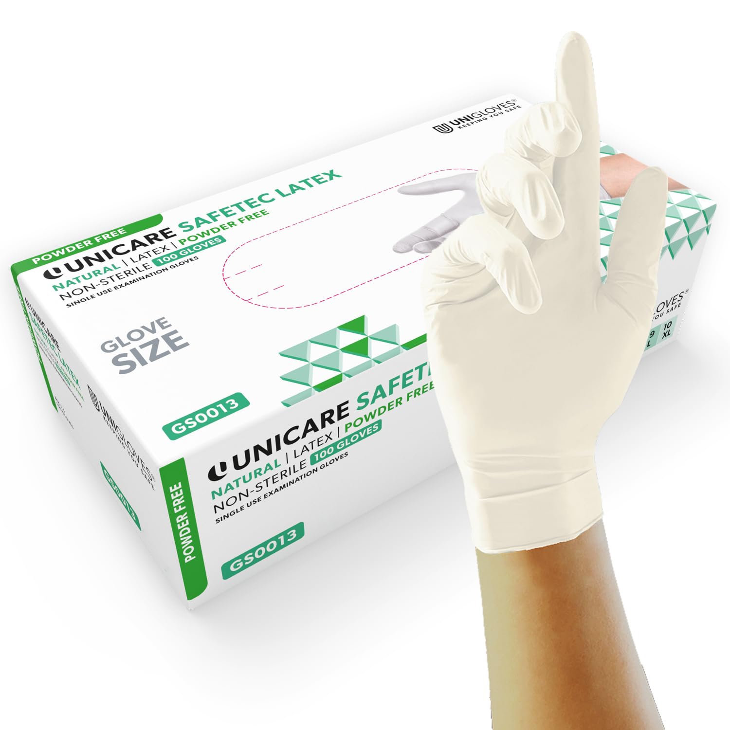 Unigloves Unicare Latex GS0015 Examination - Multipurpose, Powder Free Disposable Gloves, Box of 100 Gloves, Natural, Extra Large