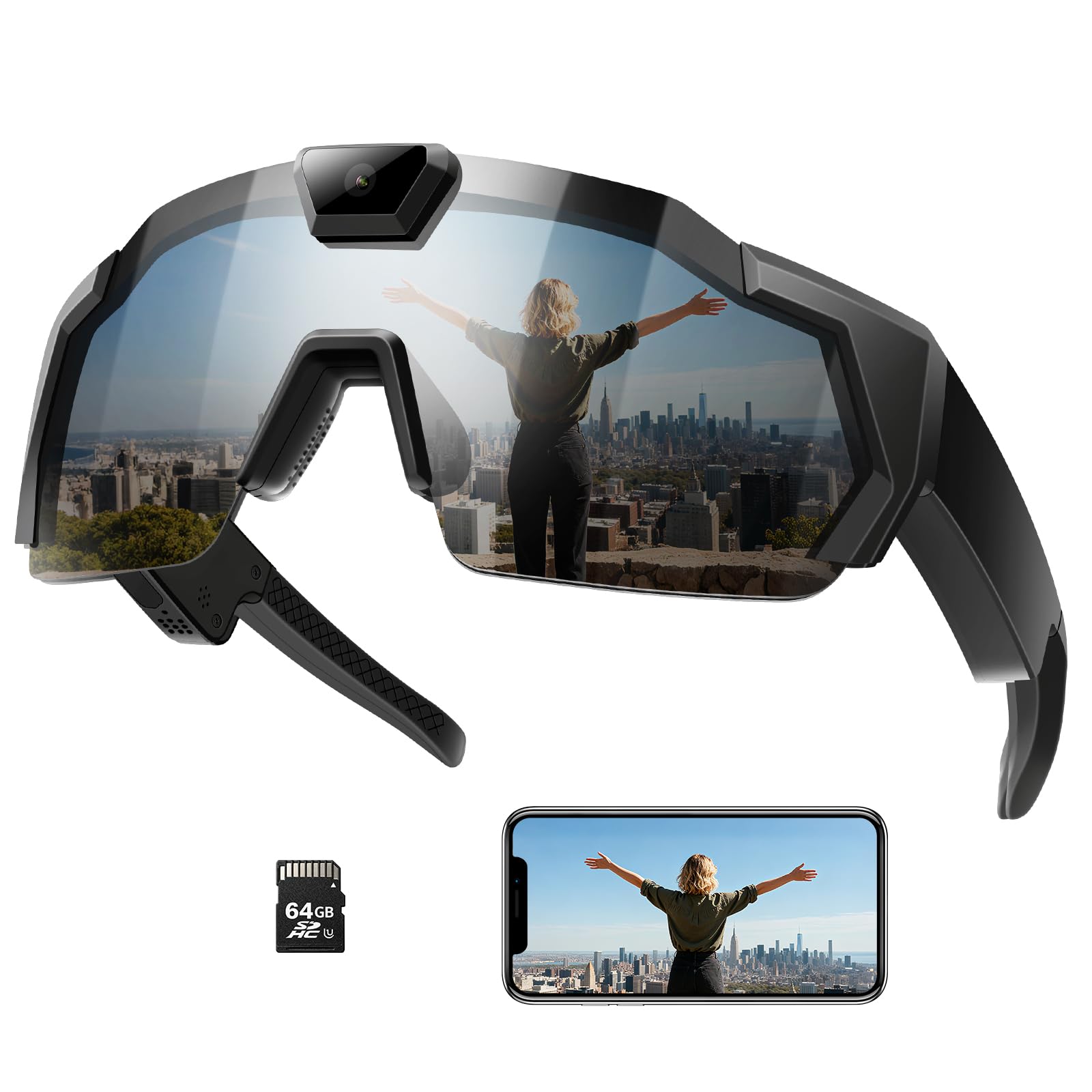 Photo 1 of ZEYEHU Smart Camera Glasses for Action Sports, HD Video Recording Glasses with 64GB Memory, Action Audio Camera Sunglasses for Men Women Outdoor(Black)