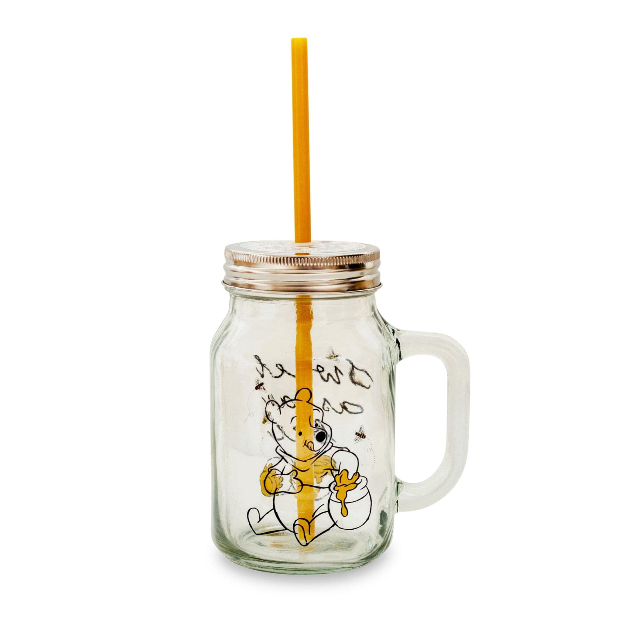 Winnie The Pooh Sweet as Can Bee 21 Ounce Glass Mason Jar with Lid and Straw