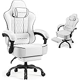 GTPLAYER Big and Tall Gaming Chair with Footrest, Ergonomic Office Desk Chair with 4.4in Thick Cushion and Wide Wingless Seat, Comfortable Leather Computer Chair, Predator Series, White/Black Trim