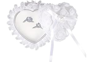 HOLIBERTY Romantic Heart Shaped Wedding Ring Bearer Box Wedding Ring Holder Lace Pearl Flower Elegant Ring Bearer Pillow for Wedding Ceremony Engagement Proposal Ring Holder
