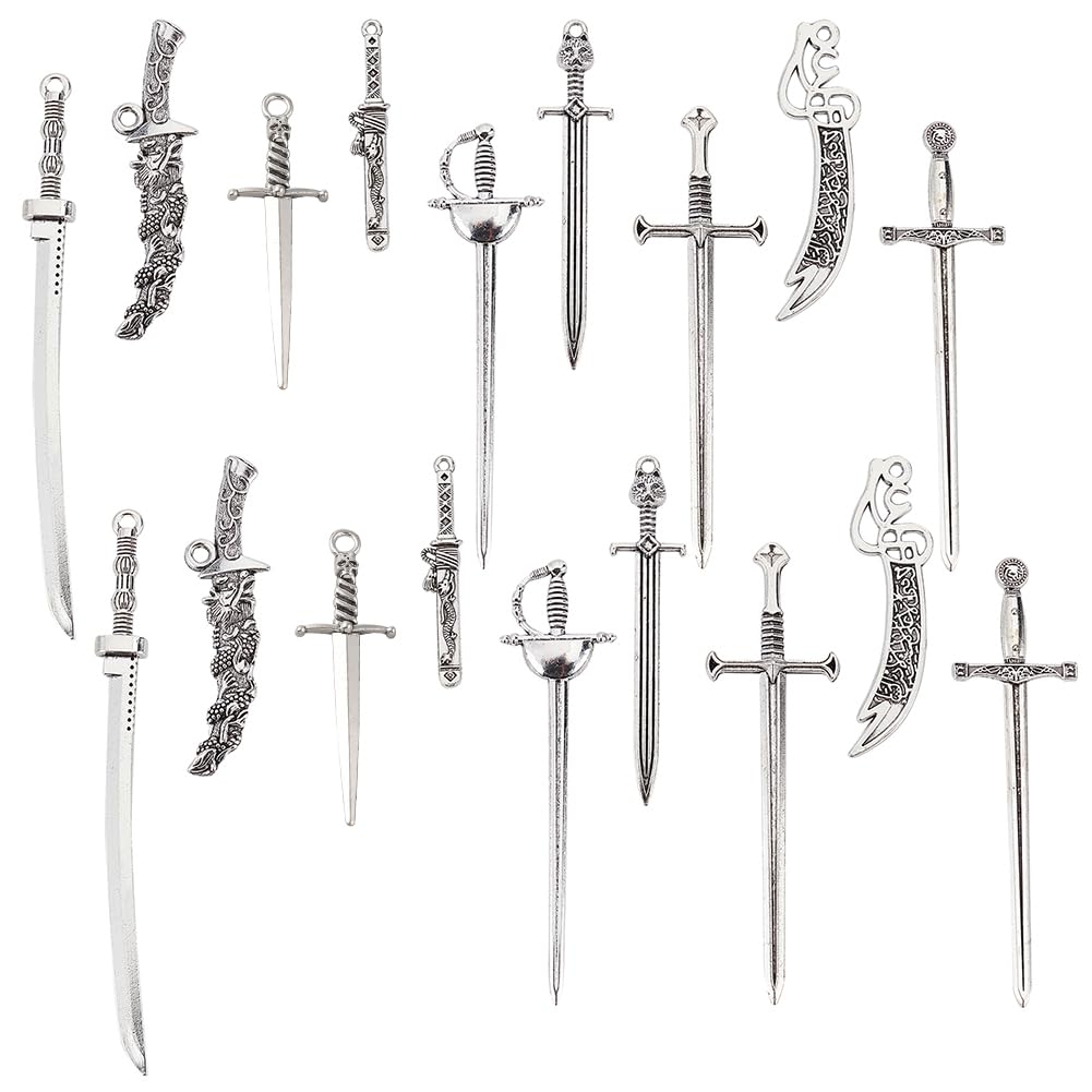 SUPERFINDINGS 36pcs 9 Style Sword Series Big Pendants Tibetan Style Alloy Swords Sword Charms Antique Silver Assorted Rapier Swords Pendants Assorted Rapier Swords Pendants for Jewelry Making