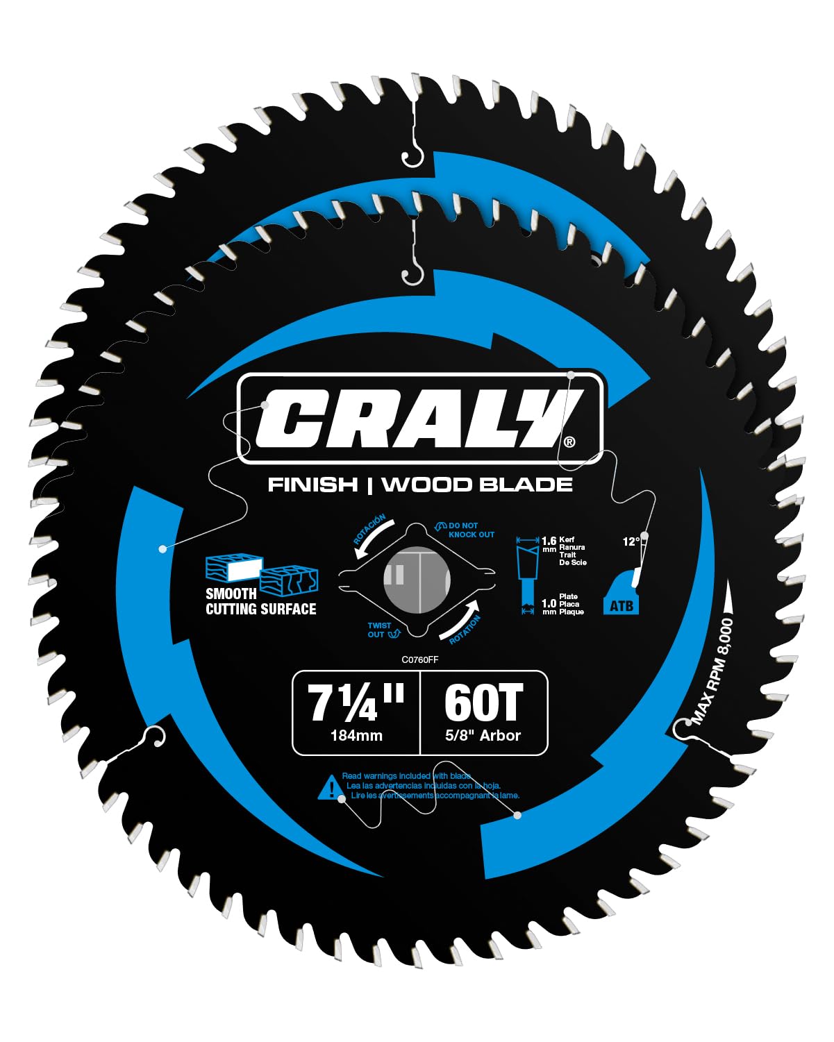 Photo 1 of CRALY 7-1/4 Inch 60 Teeth Ultra Fine Finish Wood Cutting Circular Saw Blade, 5/8 Inch Arbor, Carbide Tipped, Thin Kerf, Black Ice™ Coating, for Plywood, MDF, OSB, Laminated, 2-Pack(C0760FF-2)