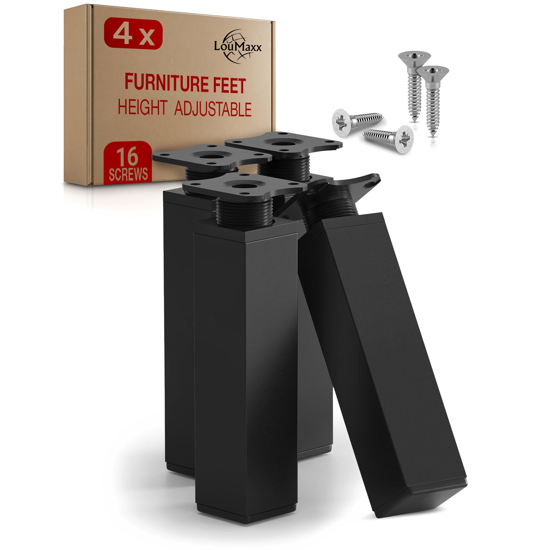 LouMaxx Adjustable Square Furniture Feet - Set of 4-40 x 40 x 150 mm in Black