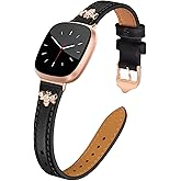 JR.DM Slim Leather Bands Compatible with Fitbit Versa 4/Versa 3/Sense 2/Sense Band, Top Genuine Soft Leather Band with Charms, Feminine Designer Strap for Fitbit Smartwatch