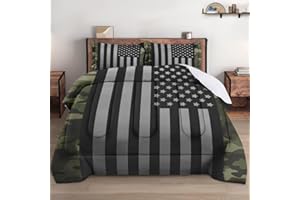 WeCozy Queen Size Comforter Set with 2 Pillowcases, Black Military Camouflage American Flag Soft Bedding Set for Kids and Adults Bedroom Bed Decor