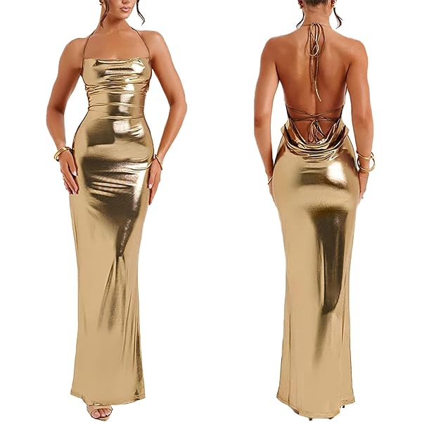 Amazon.com: IQWVP Sleeveless Backless Maxi Dress Women's Shiny Spaghetti  Strap Bodycon Maxi Dresses Sexy Glitter Metallic Dress (US, Alpha, Small,  Regular, Regular, Gold) : Clothing, Shoes & Jewelry