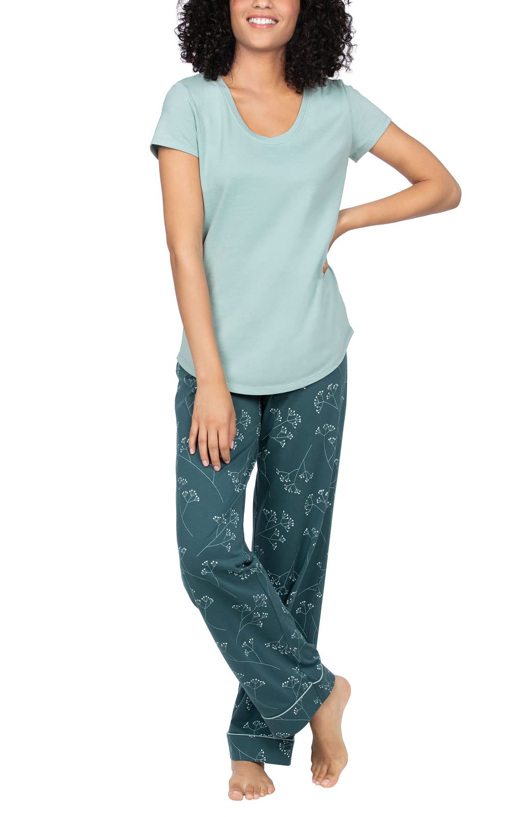 PajamaGram PJs for Women Set - Cotton Women Pajamas, Green Floral, M 8-10 Image