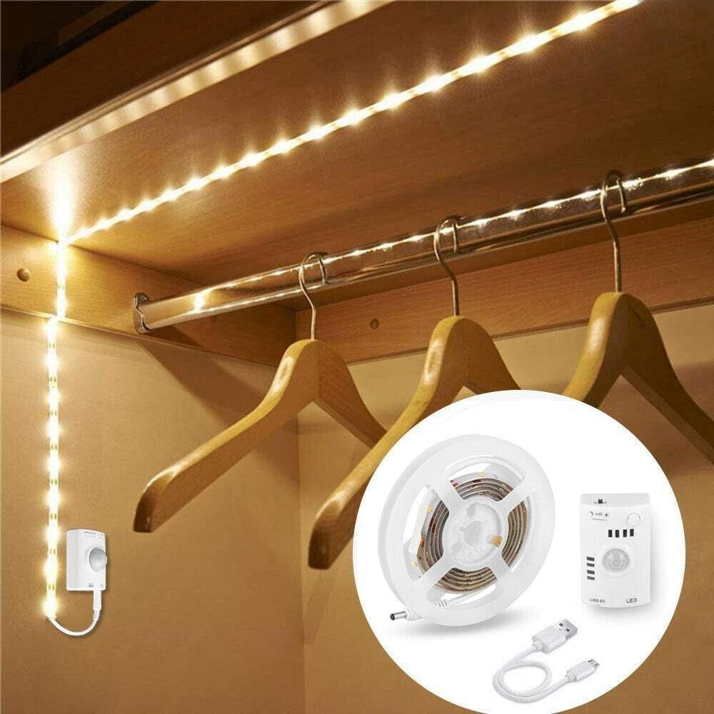 Wardrobe Motion Sensor Activated LED Light Strips 1M Rope Closet Night Light Bar Built in Battery USB Rechargable（2M,Warm White)