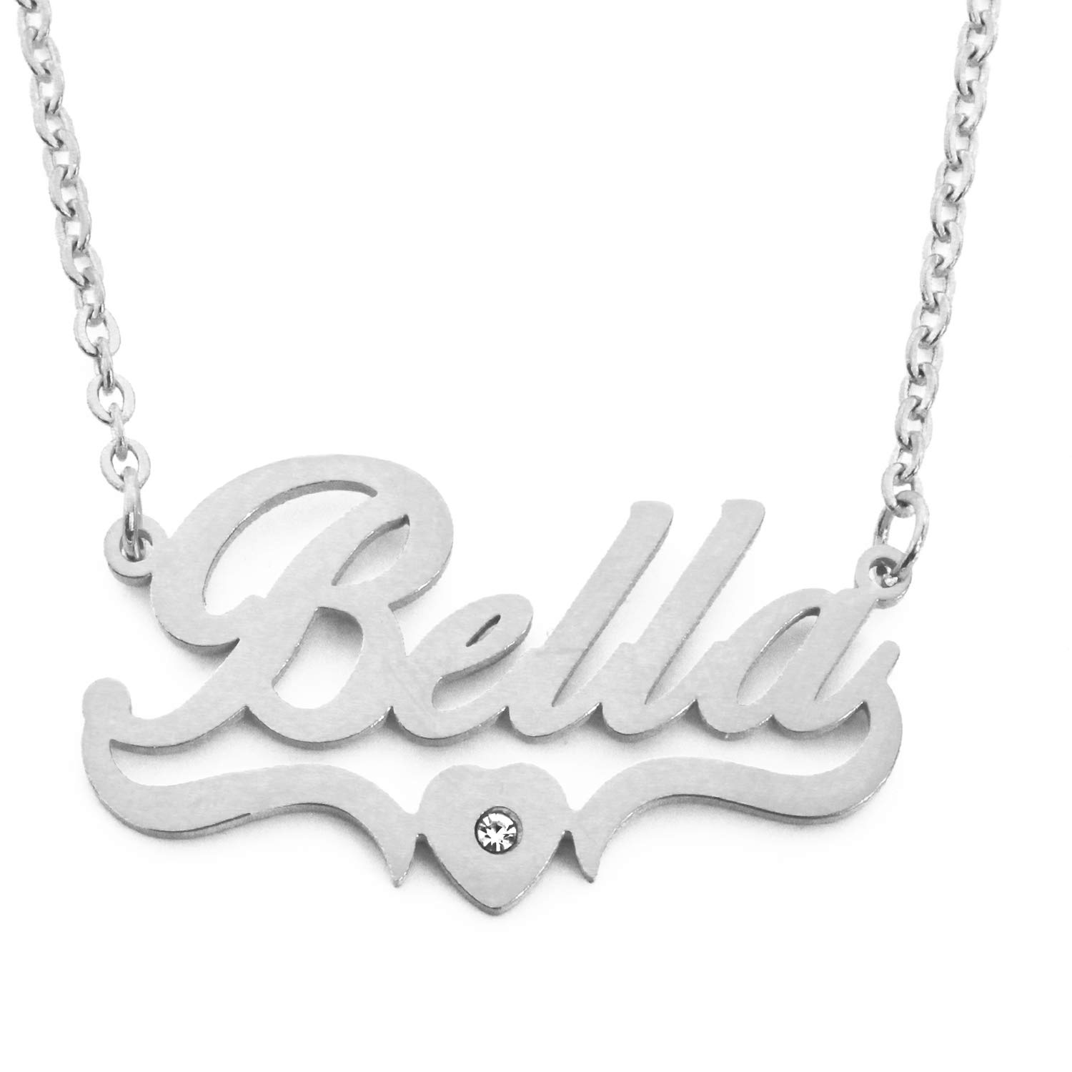 Kigu Bella Personalised Heart Shaped Name Necklace - Adjustable Chain - Silver Tone - Incl Box & Bag