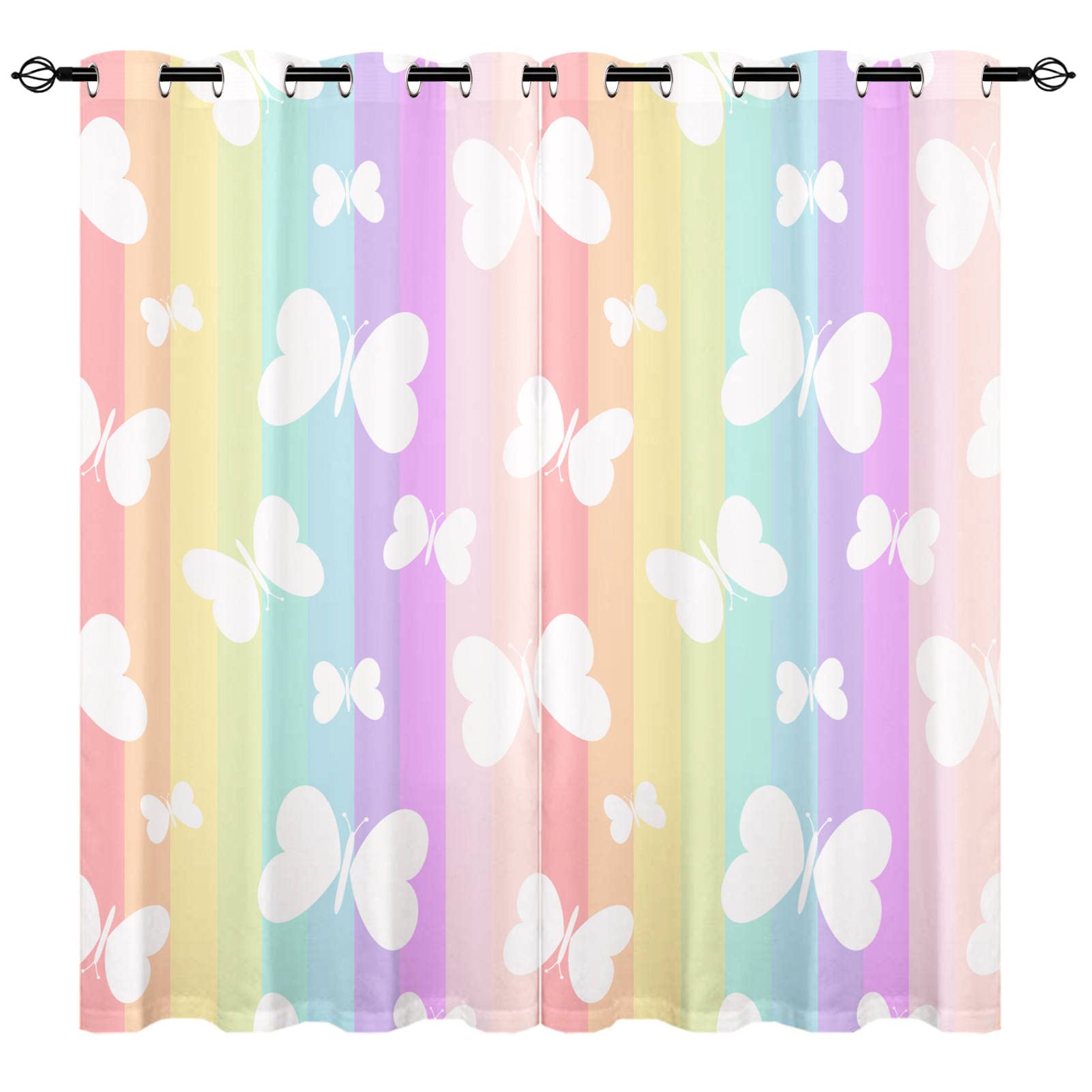 YUANZU Rainbow Butterfly Curtains - Girls Kids Cute White Butterflies on Colorful Stripes Print Pattern Eyelet Blackout Thermal Insulated Window Drapes for Living Room Bedroom 2 Panels W117cm x D137cm — image 1