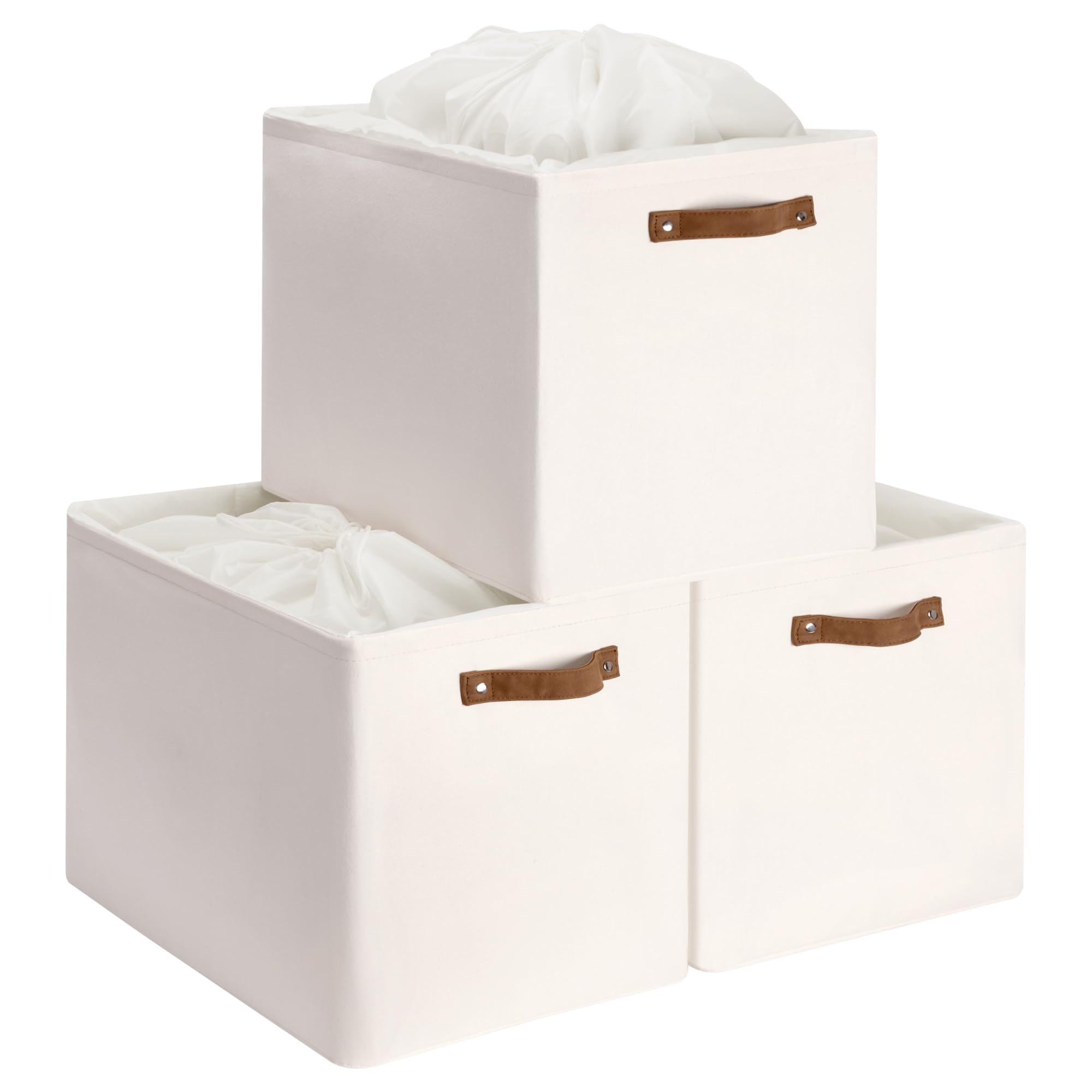 Photo 1 of StorageWorks 3 Pack Extra Large Fabric Storage Bins with Drawstring Closure, 87L Oversized Storage Baskets for Organizing, Foldable Closet Storage Bins with PU Handles, Beige
