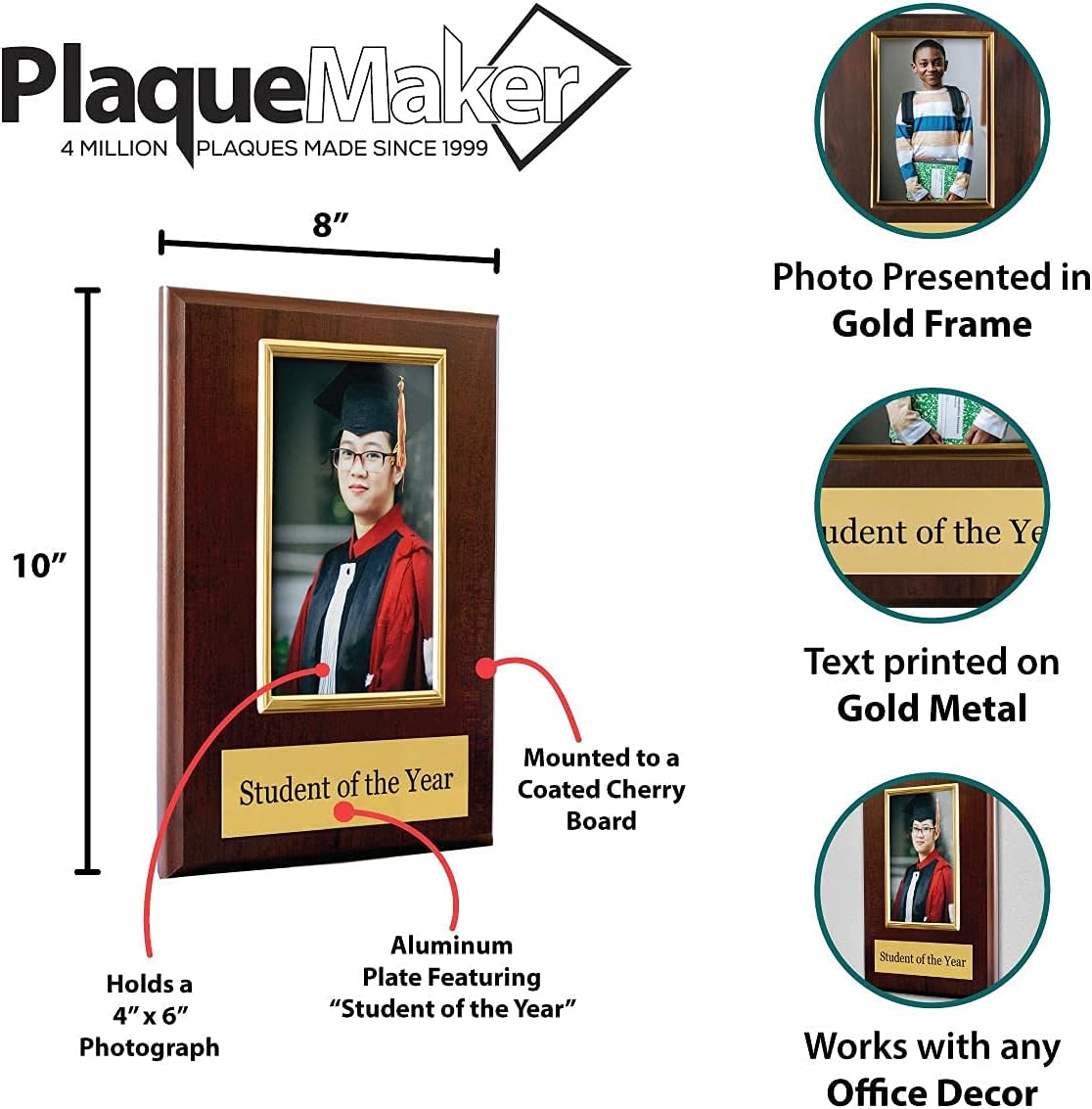 Pre-Designed Student of The Week, Month or Year Award Plaque - 8 x 10" Photo Plaque Holds a 6 x 4" Portrait Photo (Year) : Office Products