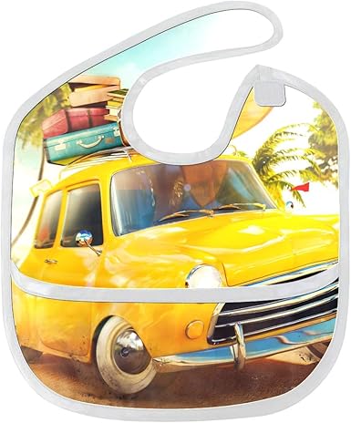 Bavoir De Nourriture Pour Bebe Voiture Retro Drole Avec Planche De Surf Et Valises Sur Un