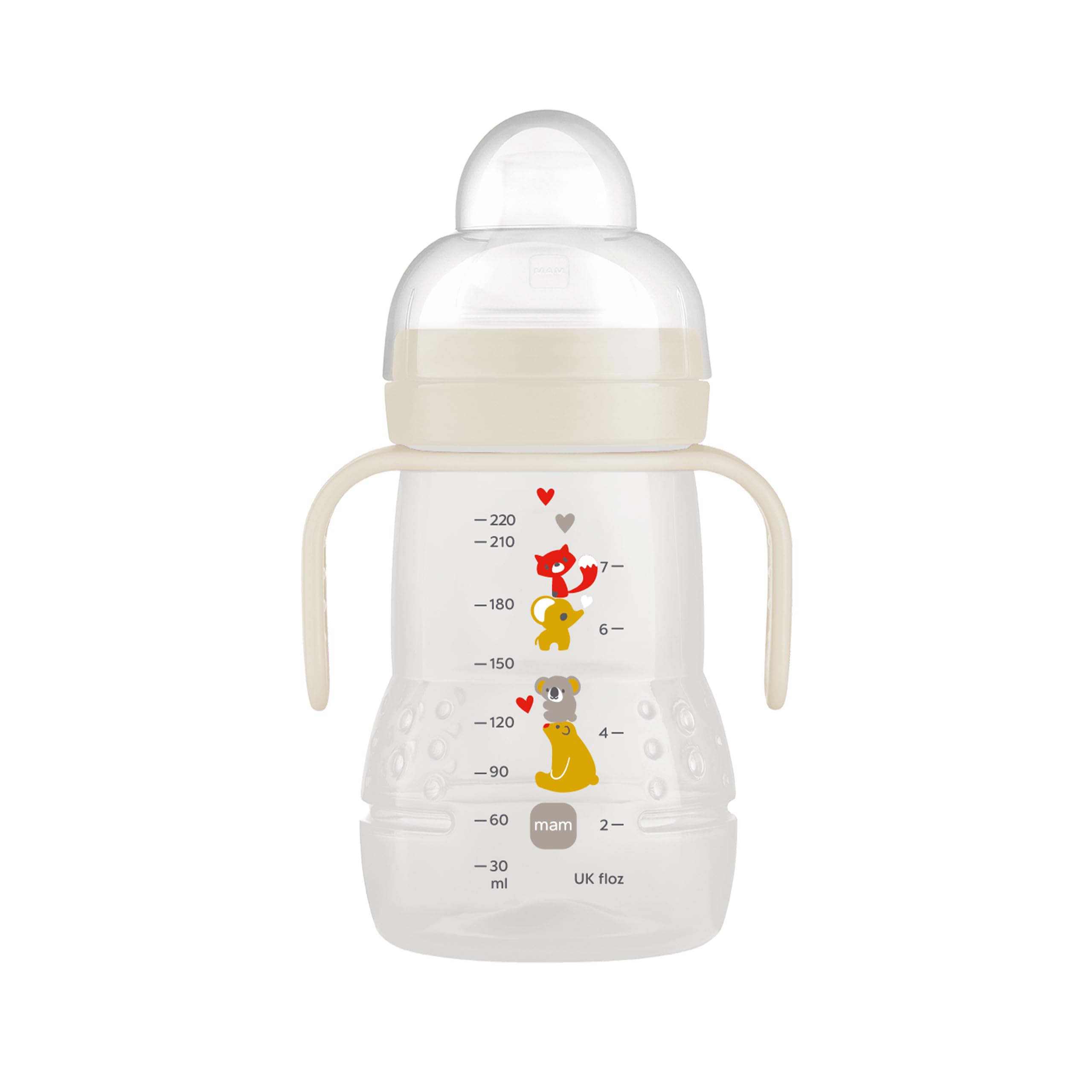 MAM Trainer+ (220 ml), Drinking Bottle for Transition to a Cup, Drinking Cup with drip-Free Teat, Drinking spout and Handle, 4+ Months, Koala