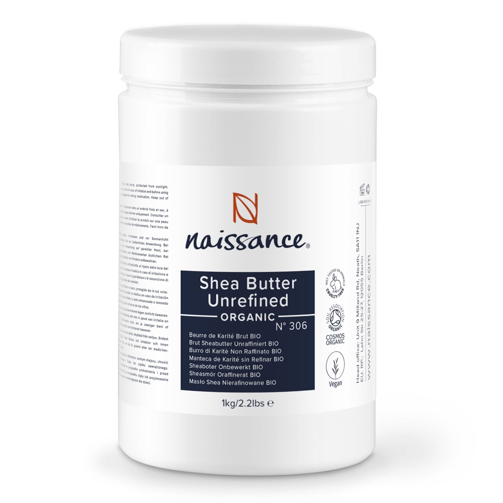Naissance Organic Shea Butter Unrefined (No. 306) - 1kg - Pure, Raw, Natural, Vegan - for Skin, Hair, Lip Balms, Body Butters, Moisturiser
