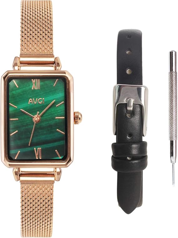 Amazon Avgi レディース スクエア時計 天然石フェイス 生活防水 グリーン レディース腕時計 腕時計 通販