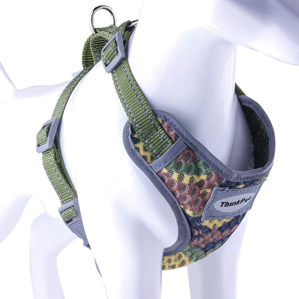 ThinkPetReflective Breathable Soft Air Mesh No Pull Puppy Choke Free Over Head Vest Ventilation Harness for Puppy Small Medium Dogs (Camouflage Green,L)
