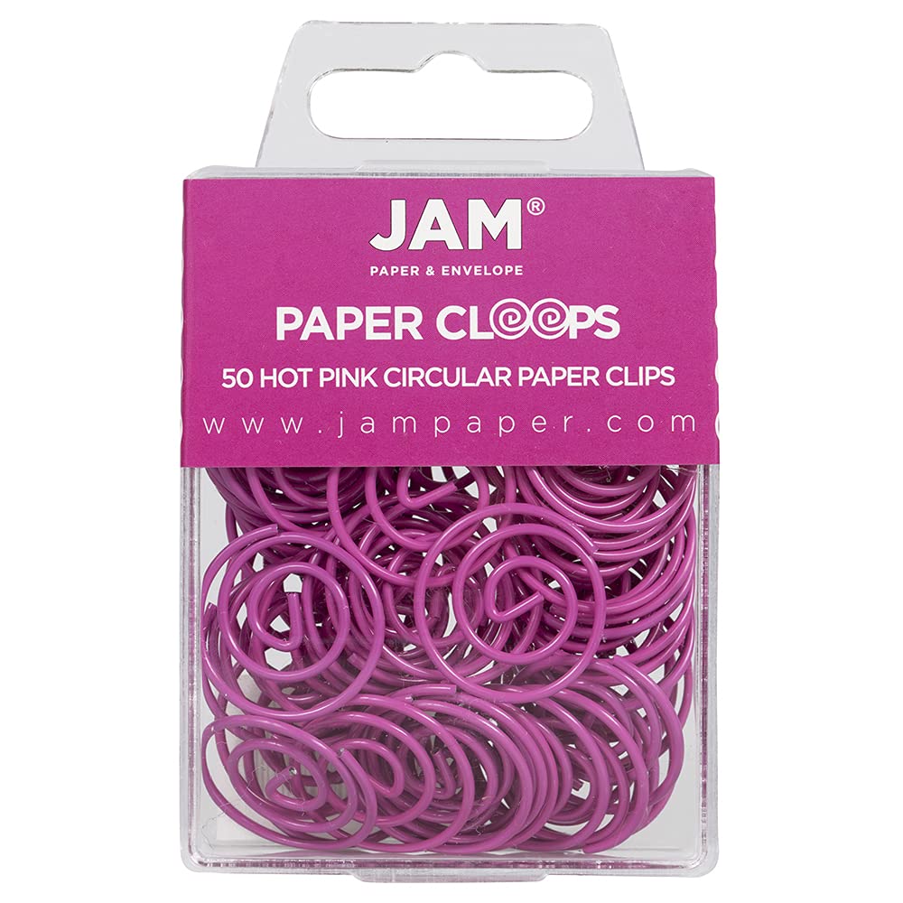 JAM PAPER Circular Paper Clips - Round Paperclips - Hot Pink Fuchsia - 50/Pack