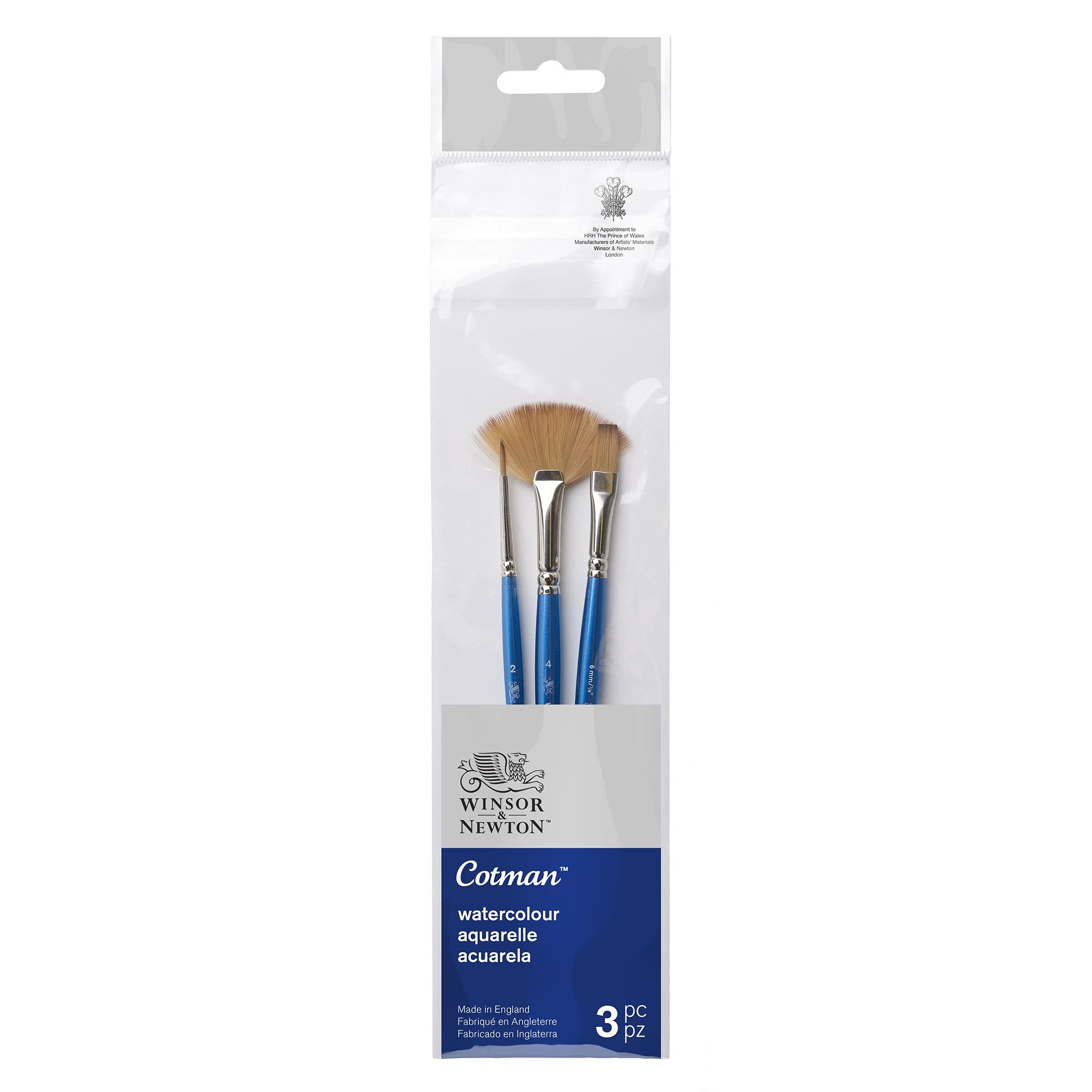 Winsor & Newton Watercolor Brush Set, Wood, Assortments, Redondo nº2, un trazo 6mm y abanico nº4