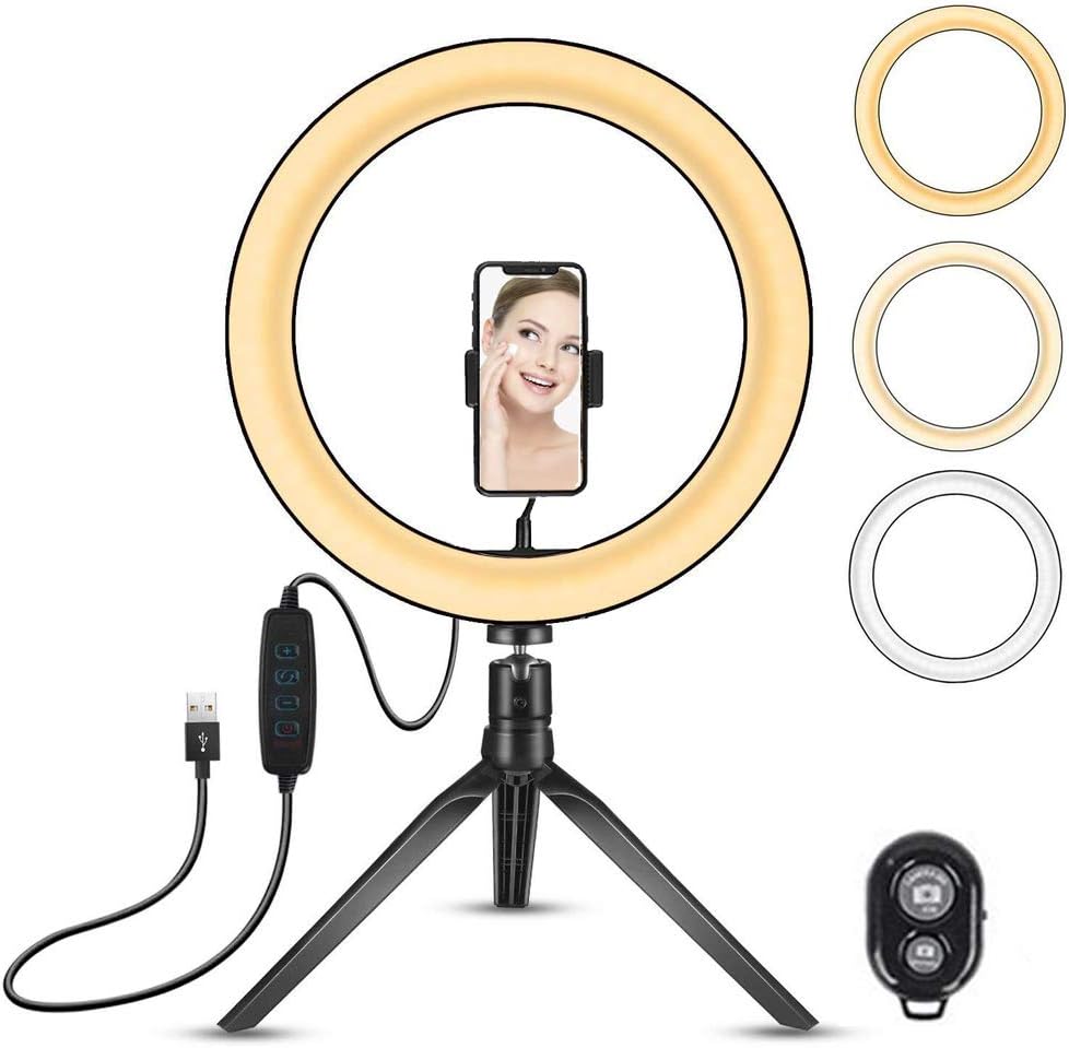 10” Ring Light LED, Desktop Selfie Ring Light,USB 3 Colors Light with Tripod Stand iPhone, Ideal for Live Streaming ，TikTok and YouTube Videos