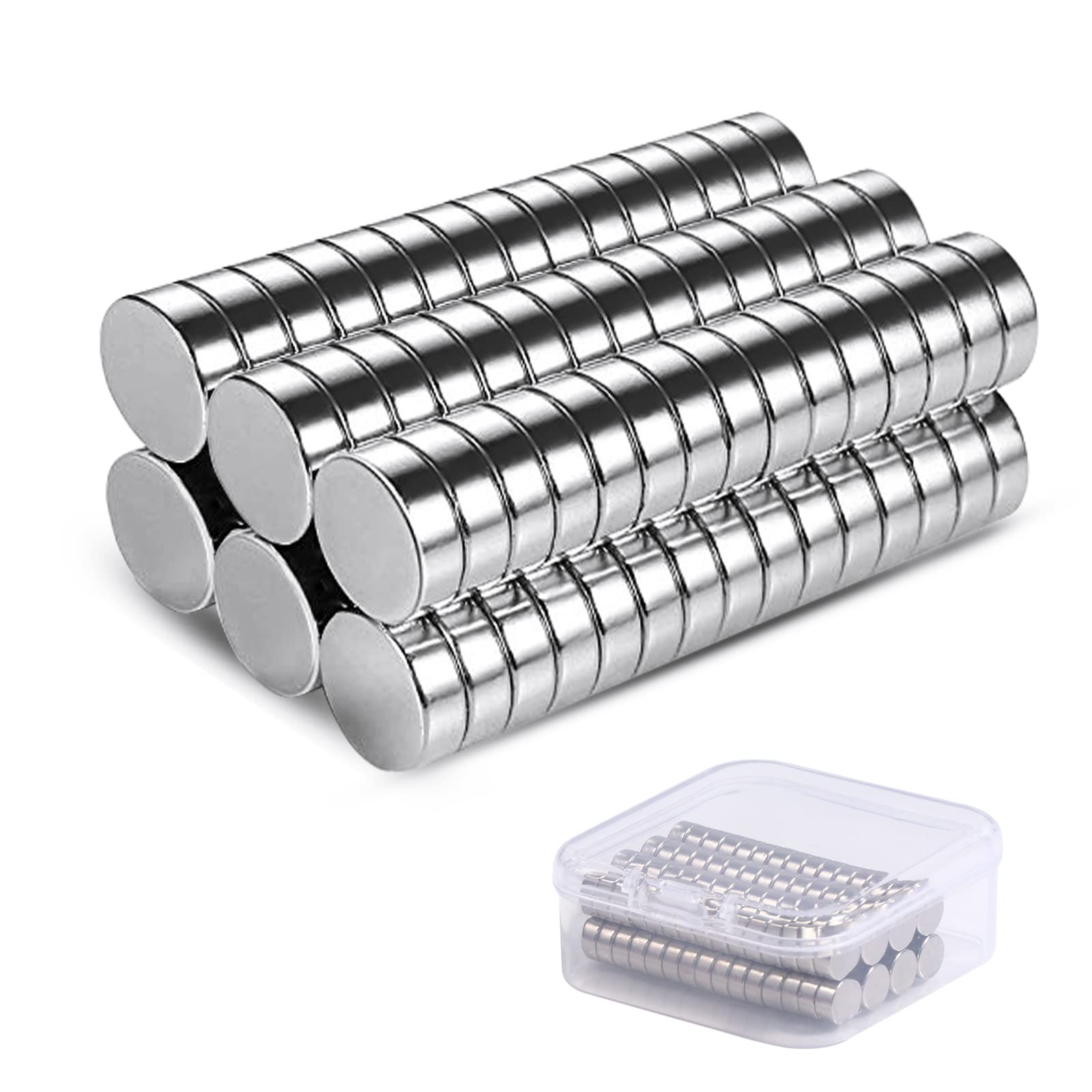 Vinabo Pack of 60 Neodymium Magnets - Small Round Magnets, 6 x 3 mm, Nickel-Plated Steel, Silver