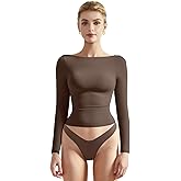 SUUKSESS Women Crew Neck Long Sleeve T Shirts Double Lined Tight Fitted Crop Top