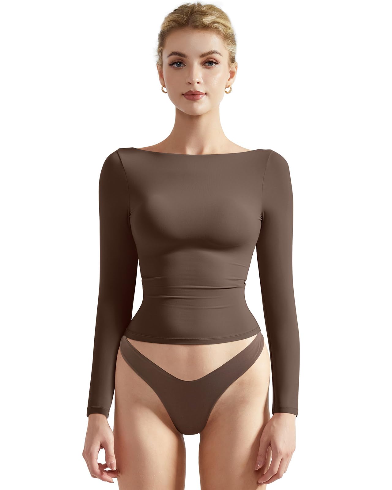 Photo 1 of SUUKSESS Women Crew Neck Long Sleeve T Shirts Double Lined Tight Fitted Crop Top (Brown,M)