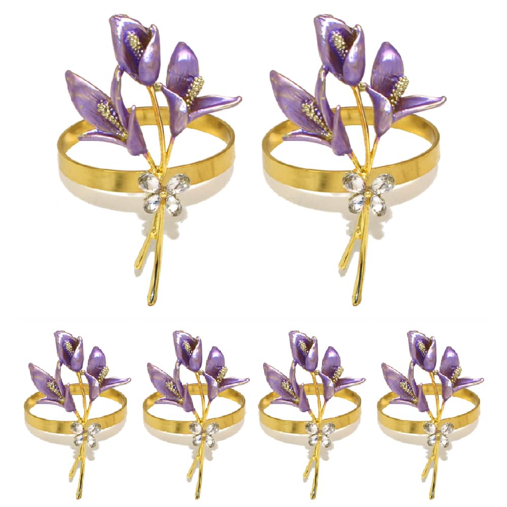 Photo 1 of Gold Lily Napkin Rings Set of 6,Metal Napkin Ring Holders for Wedding Party Holiday Banquet Christmas Dinner Delicate Serviette Buckles Decor Favor (Lily-Purple)