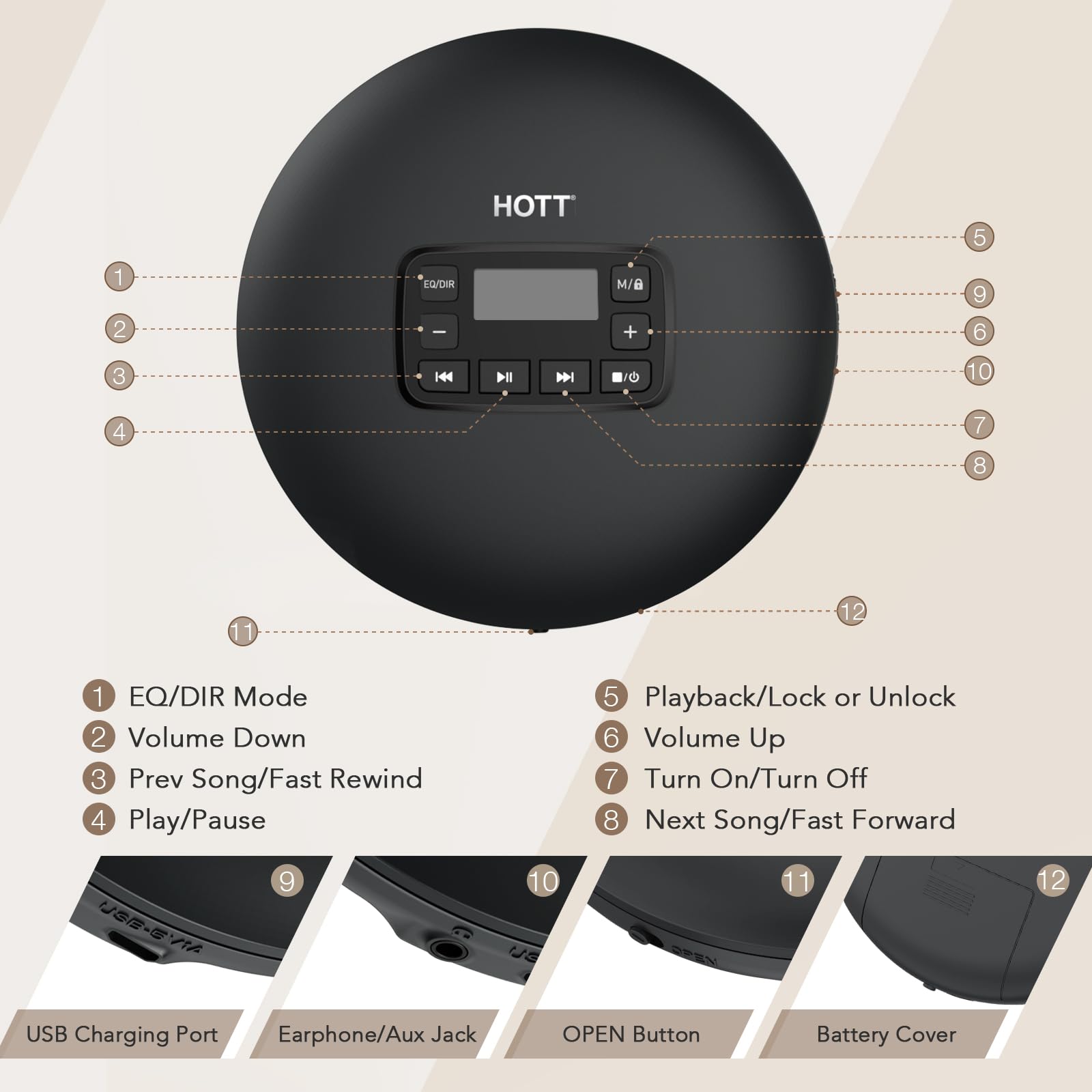 HOTT C204 Basic Portable CD Player with Anti-Skip Protection - AA Battery Powered, Compact CD Players MP3/CD-R Compatible, Built-in Headphones & AUX Output for Car, Home, Trave Multiple cd Players