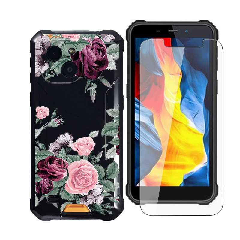 DJUNJUN Screen Protector+case for Oukitel WP20[5.93"], 9H Hardness tempered glass and Ultra Slim Protective Gel Shell Bumper Back Skin Scratch Resistant TPU-Red rose