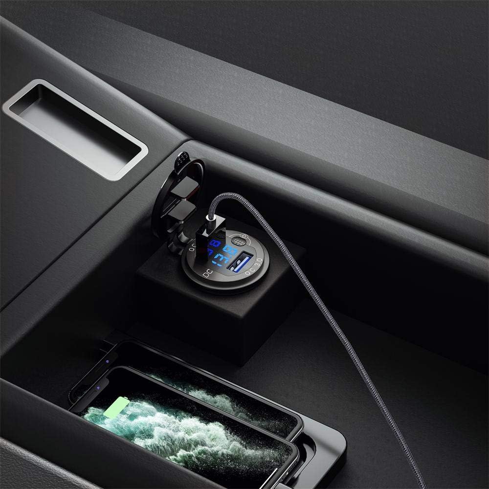 Thlevel Quick Charge 3.0 Dual USB Outlet, 12V/24V USB Car Charger with On/Off Switch and LED Digital Voltmeter Waterproof Car Socket for Marine, Boat, Motorcycle, Truck and More (Black): Home Audio & Theater