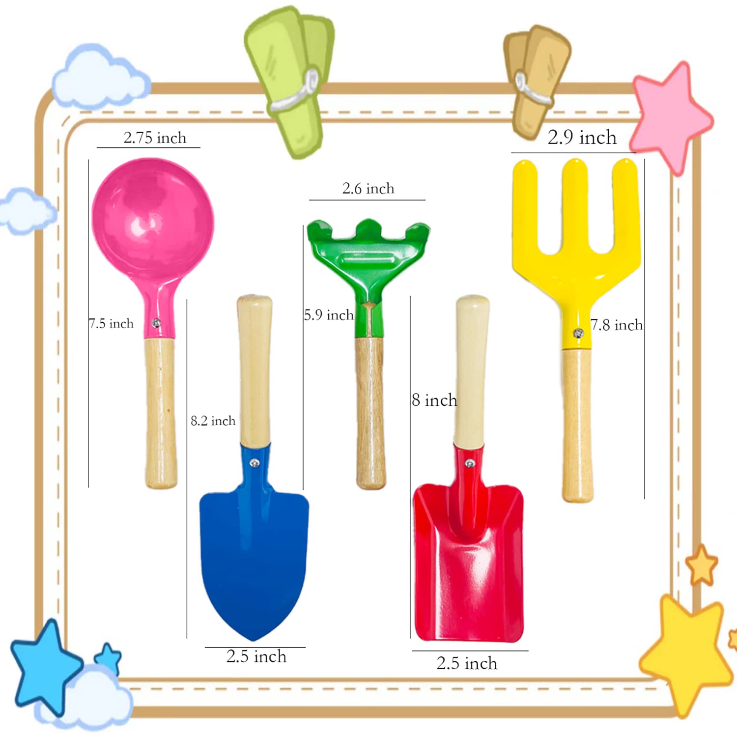 Kids Gardening Tools Set, 5PCS Gardening Tools for Kids Metal with Sturdy Wooden Handle Safe Gardening Tools 8