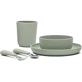 Lalo Big Bites Starter Kit, 5-Piece Silicone Kids Dinnerware Set | Kids Tableware Set, Includes Silicone Plate, Bowl, Utensils and Cup, Non-Toxic, BPA-Free, Dishwasher Safe, Sage