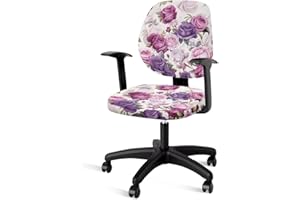 YUVAMAGIMO Office Chair Covers 2-Piece Set with Armrests, Purple Rose Floral Print, Stretchable Washable Slipcovers for Most Gaming & Office Chairs, Home Decor Gifts for Women