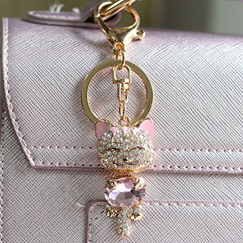 Cute Kitten Cat Bling Keychain With Rhinestones - Sparkly Handbag Charm For Pet Lovers (Red)