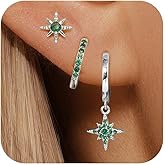 Eathareel Sterling Silver Hoop Earrings Set for Women, 14K Gold Plated|Silver Blue|Emerald Green Shiny CZ Earrings Set, Hypoallergenic Earring for Sensitive Ears, No tarnish No Lead