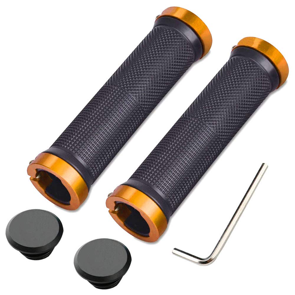 Aiqeer 1 Pair Bike Handlebar Grips, Anti-Slip Rubber Bicycle Handle Grips with Aluminum Double Lock, Bike Handle Protector for MTB BMX (Golden)